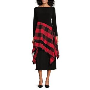 IC COLLECTION Checkered Black Red Boat Neck Asymmetrical Layer‎ Mix Dress Large
